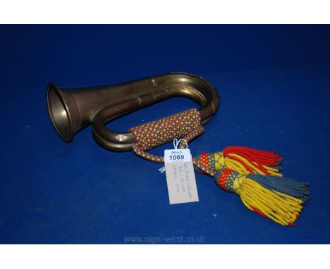 A regimental Bugle with colours.  Made by B.B.I.M. and dated 1971.