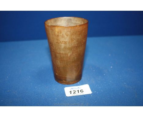 A good early 19th c. Horn Cup, well engraved with hunting scene and inscribed C. COOK PAINSk. (The Cooks of Painswick were a 