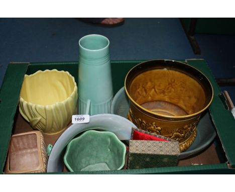 Six items of Sylvac including yellow Plant Pot, small green trough vase with pixie, etc. large Denby Bowl and six small boxed