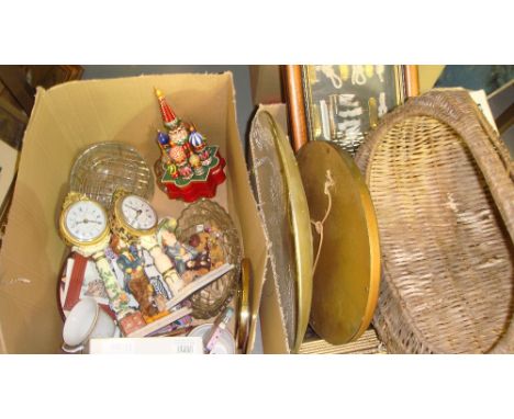 3 x boxes of oddments, kitchenware picnic hamper , wicker baskets etc.
