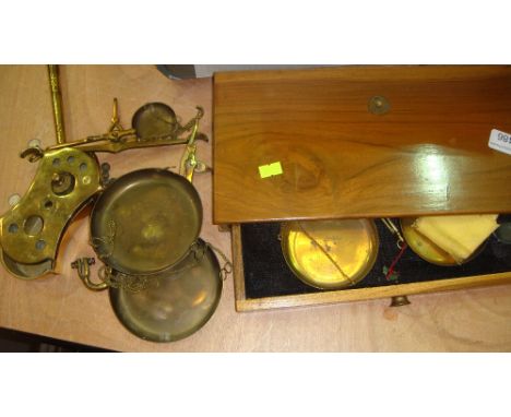 Vintage brass scales in olive wood case and one other