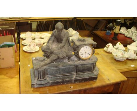 Early 20th century spelter mantle clock depicting Shakespeare on black slate base
