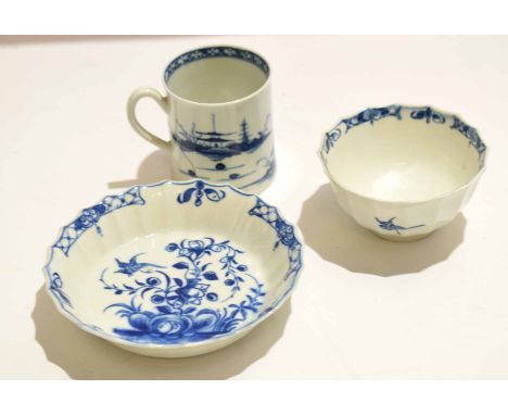 18th century Worcester fluted tea bowl and saucer in the hollow rock lily pattern together with a coffee can in the cannon an