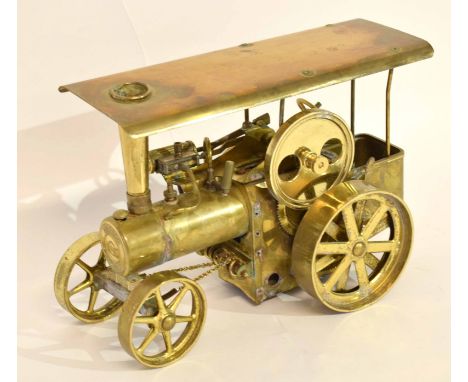 Brass steam engine, the front marked "Wilesco Traktor", 27cm long