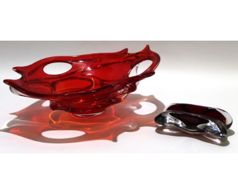 Large ruby coloured glass bowl with Art Nouveau design to exterior, together with a glass ashtray, the bowl 41cm long  