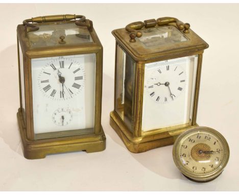 Two brass carriage clocks, late 19th century, by French makers, one by V R Brevett, Paris, together with a further small cloc