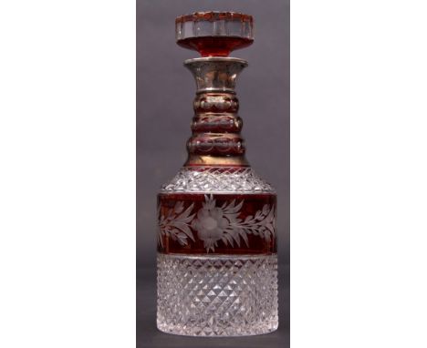 Early 20th century cut glass decanter, the middle and stem with ruby flashings engraved with flowers with London silver hallm