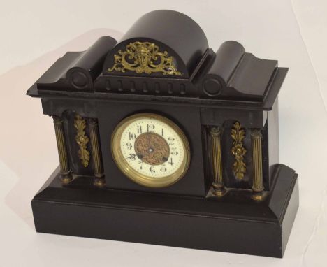 Late 19th century black slate mantel clock with key, 36cm long