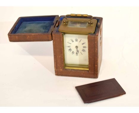 Late 19th century French brass carriage clock, the dial with Roman numerals with original case, the clock 11cm high