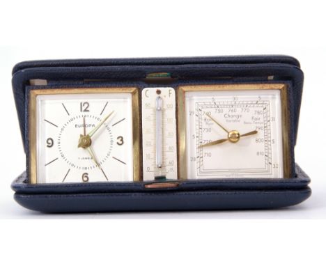 Mid-20th century leather cased folding travelling watch/thermometer/barometer combination by Europa, folding leather case, or