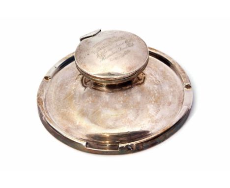 Edward VII presentation engraved oversized capstan inkwell of typical form, the hinged and domed cover with presentation insc