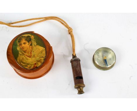 Small brass cased compass, with silvered dial, together with a Boy Scout whistle and a Victorian treen circular box, the lid 