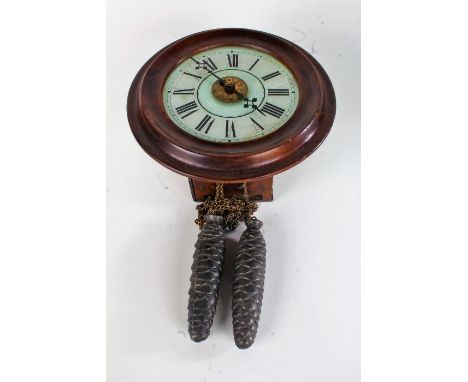 Victorian mahogany cased postman's alarm clock, having white dial with black roman numerals, with weights, 27cm diameter