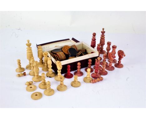Collection of 19th Century carved bone chess pieces, and checkers pieces (qty)
