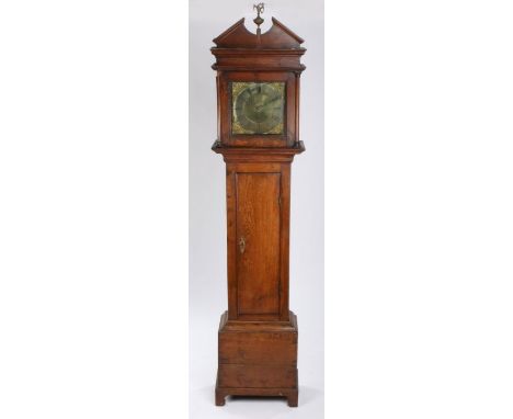 19th Century oak cased longcase clock, the hood with broken arch pediment and pilasters, the brass dial with oriental landsca