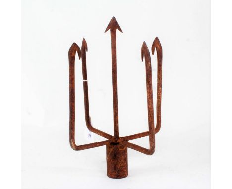 19th century eel fork, with four hooked prongs and a centre spear, 25cm long