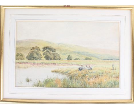 English School, landscape study of a river scene, with figures in a boat to the foreground, housed within a gilt frame, 52.5c