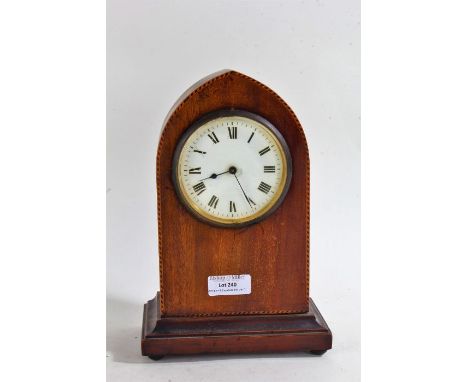 Edwardian mahogany and chequer strung mantel clock, of lancet form, having white enamel dial with black roman numerals, 24cm 