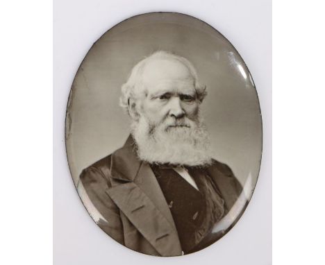 19th Century photograph on enamel, of a gentleman with a white beard, the reverse with the text 'A.L. Henderson, London, 1881