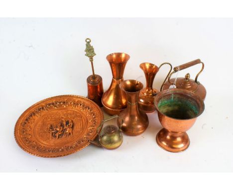 Collection of copper ware, consisting of a 19th Century teapot, vases, charger and others (qty)