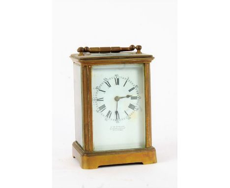 J.W. Benson, brass cased carriage clock, the white enamel dial with black roman numerals, (AF) 11cm tall