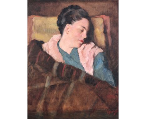Victor Abeloos (1881-1965): Portrait of a lady in an unguarded moment, oil on canvas marouflated on board74,5 x 57,5 cm 