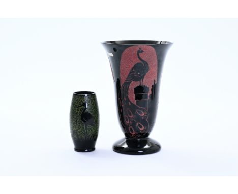 Two Boom glass vases with sandblasted design of a peacock and a stork, Artver, first half 20th C.H 29 - 16 cm