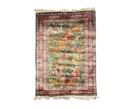 A Persian Kashmir rug with hunting scenes, silk on cotton, 20th C.187 x 122 cm