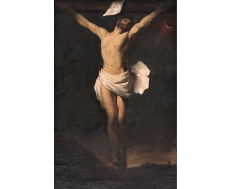European school, follower of Rembrandt van Rijn (1606-1669): Christ on the Cross, oil on canvas, 19de eeuwWork: 56 x 37,5 cm 