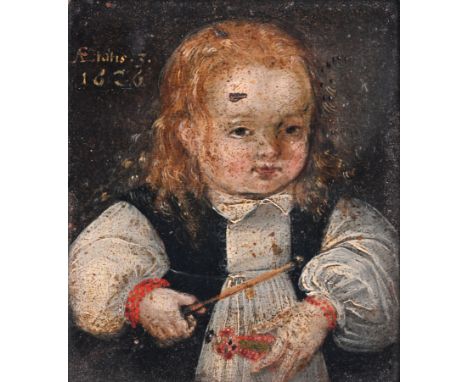 German school: Portrait of a three-year-old child holding a rattle and a doll, oil on panel, dated 1626Work: 9,5 x 8 cm Frame