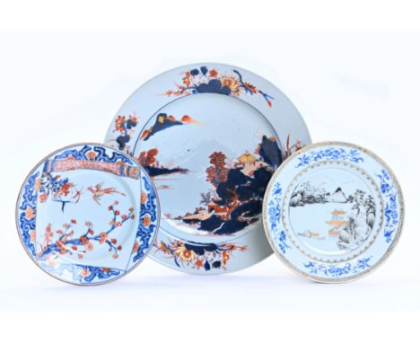 Three Chinese Imari style and blue, white, gilt and grisaille plates with landscapes and a scroll, Yongzheng/QianlongDia.: 35