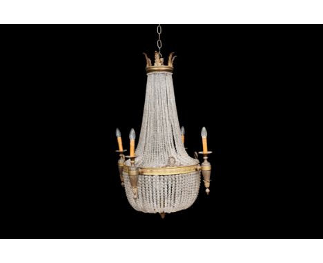 A French six-light partly gilt bronze and copper mounted 'sac-a-perles' chandelier, first half 20th C.H 105 cm - Dia.: 75 cm