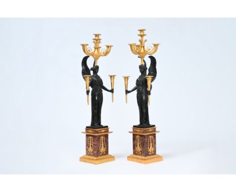 French school, in the manner of P. P. Thomire (1751-1843): A pair of gilt and patinated bronze 6-light Empire style candlesti