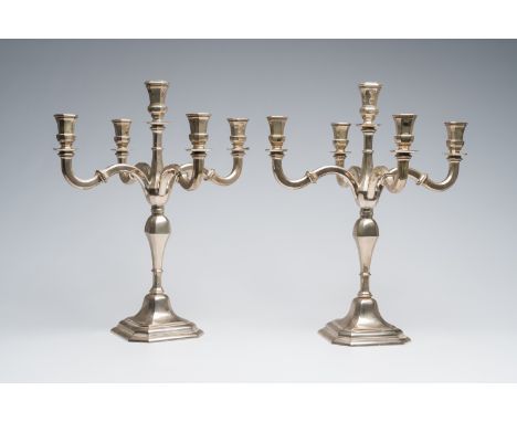 A pair of Louis XIV style five-light silver candlesticks, 800/000, 20th C.H 46 cm