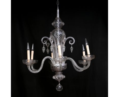 A Venetian transparent glass Murano six-light chandelier, 20th C.H 92,5 cm