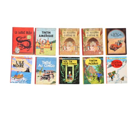 Hergé, Tintin, six old and four modern French editions, hardcover, 1940's, 50's and laterOld editions: 'Le lotus bleu', 'Tint