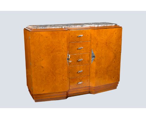 A burl wood veneered Art Deco chest with five drawers and a marble top, first half 20th C.H 95 - L 128 - D 42,5 cm