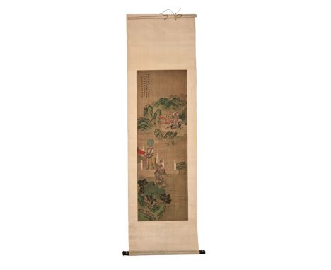 Chinese school: mountain view with immortals, ink and colour on silk mounted as a scrollWork: 112 x 40 cmScroll: 178 x 55 cm