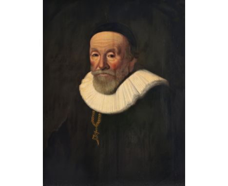 Dutch school: Portrait of an elder, oil on panel, 17th C.Work: 63 x 48,5 cm Frame: 77 x 63 cm  The work with an apocryphal Er