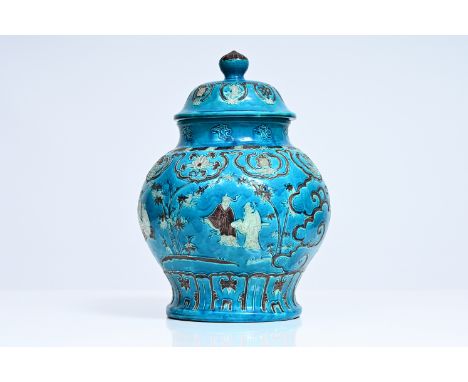 A Samson porcelain fahua style chinoiserie vase and cover, Paris, 19th C.H 49 cm (with the lid)H 36 cm (the vase)