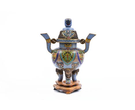 A Chinese cloisonne 'taotie masks' tripod incense burner, 20th C.H 32 - 28 cm (with and without base)