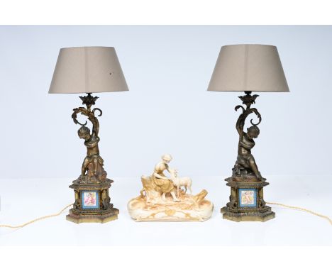 A pair of French gilt bronze candlesticks with Sevres style plaques mounted into lamps and a Royal Dux biscuit vide poche, 19