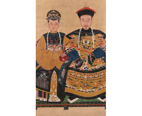 An exceptionally large Chinese portrait of a prince and his wife, QingWork: 180,5 x 114,5 cm Frame: 188,5 x 122,5 cm Executed