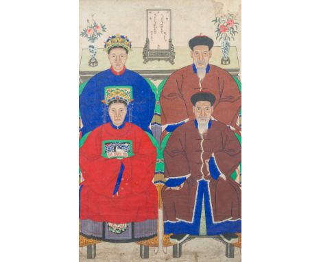 Chinese school: A large ancestor portrait, ink and colours on paper, 19th C.Work: 144 x 90,5 cmFrame: 150,5 x 97,5 cm