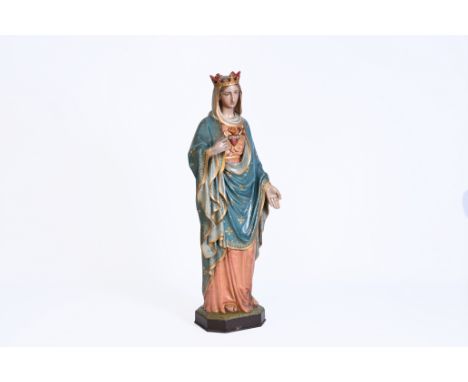 A polychrome and gilt plaster sculpture of the Madonna with the burning heart, Belgium, first half 20th C.H 146 cm