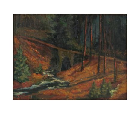 Attributed to: Martiros Sarian, Armenian (1880-1972) oil on artists board "Forest Bridge" Signed lower left. Art Nouveau enam