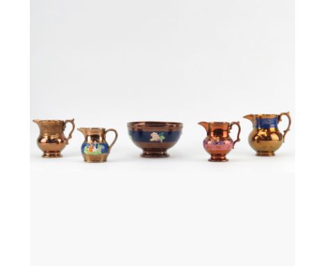 Collection of Five (5) Pieces Antique Copper Lusterware Faience including Four (4) Pitchers and One (1) Bowl. Bowl and One pi