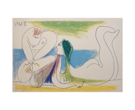 After Pablo Picasso, Spanish (1881-1973) Color lithograph "Adam and Eve" on Arches paper. Unsigned. Arches watermark, Picasso