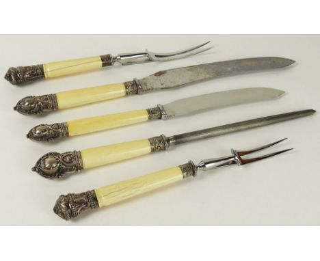 19th Century Sheffield, England Harrison Bros. & Howson Sterling Silver Mounted Ivory Handled Five (5) Piece Carving Set in F