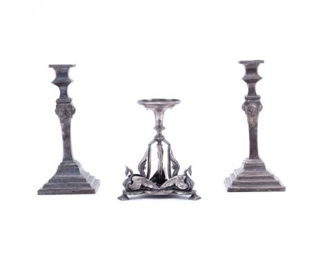 Collection of Three (3) Art Nouveau Silver Plate Candlesticks. All unsigned. Needs cleaning. Tallest measures 11-1/2" H. Ship